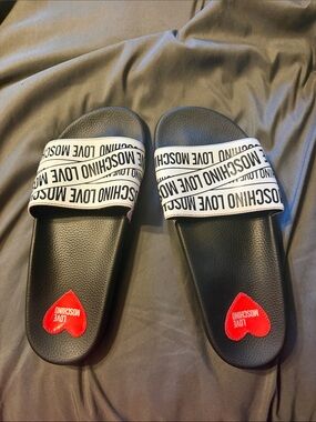 Love Moschino Black Slides with White Logo Strap and Red Heart